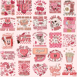 Puede incluir: Un diseño gráfico rosa y rojo con temática de San Valentín con varias ilustraciones y texto. El diseño incluye corazones, cerezas y frases como "Love", "Valentine" y "Be Mine". El tema general es romántico y juguetón.