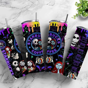 May include: Four stainless steel Starbucks tumblers with a black background and a colorful design featuring characters from The Nightmare Before Christmas. Each tumbler has a straw and a different design, including the Starbucks logo and drink customization options.