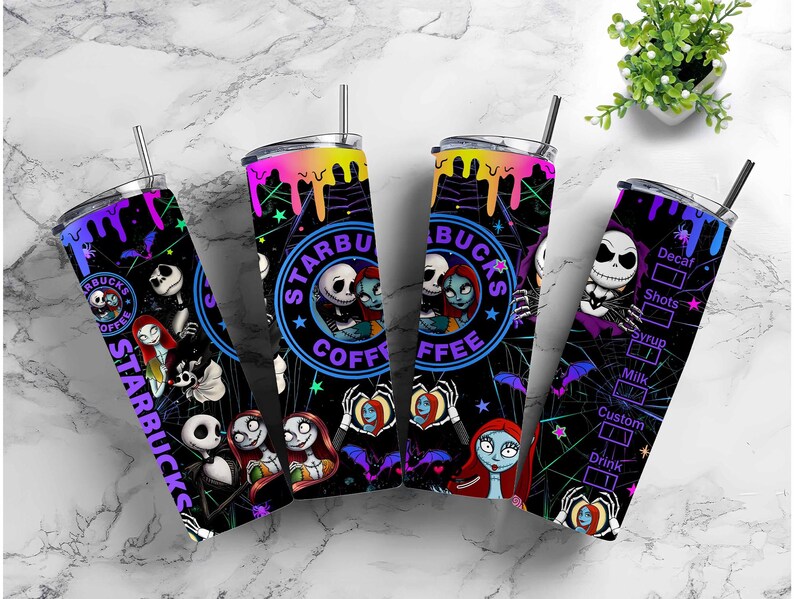 May include: Four stainless steel Starbucks tumblers with a black background and a colorful design featuring characters from The Nightmare Before Christmas. Each tumbler has a straw and a different design, including the Starbucks logo and drink customization options.