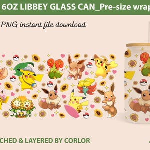 Op de afbeelding: Een digitale download van een 473 ml glazen blikverpakking met een kleurrijk patroon van Pokémon-personages, waaronder Pikachu, Bulbasaur, Charmander, Squirtle en anderen. Het ontwerp is perfect om een glazen blik te personaliseren.