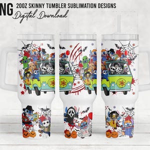May include: White 590ml skinny tumbler with a Halloween design. The design features a green van with cartoon characters, bats, spiderwebs, and pumpkins. The tumbler has a handle and a straw. Text on the top reads "20oz Skinny Tumbler Sublimation Designs" and "Digital Download".
