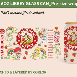Retro Strawberry Can Glass, 80s cartoons png, rainbow girl Libbey Glass Can 16oz, rainbow brite Glass Can Png, 80s cartoons Tumbler Wrap