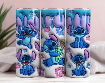 3D Cartoon Tumbler Wrap: Inflated Stitch Design (PNG Digital Download)