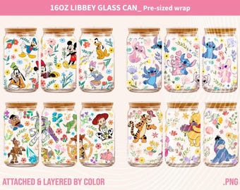 Paquete PNG de latas de vidrio de primavera: diseños de Winnie the Pooh y Stitch (descarga digital)