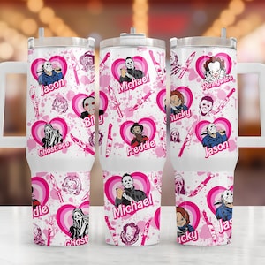 Pink Horror Tumbler Wrap PNG: Halloween Cartoon Characters (Digital Download 9.3x8.2&quot;)