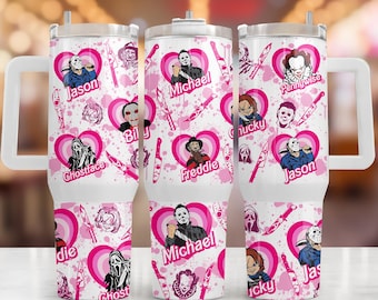 Emballage de gobelet rose horreur PNG : personnages de dessins animés d'Halloween (téléchargement numérique 9,3 x 8,2 pouces)