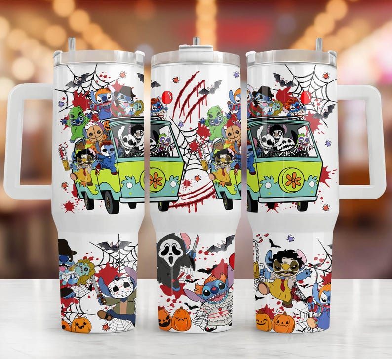 May include: White tumbler with a Halloween design. The design features a green van with cartoon characters, spiderwebs, bats, and pumpkins. The tumbler has a handle and a straw.