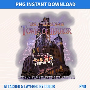 May include: A digital graphic featuring the text "THE TWILIGHT ZONE TOWER OF TERROR" above a depiction of a tall building with lightning. Below, cartoon characters are shown. The text "TERROR HAS REACHED NEW HEIGHTS!" is also included.