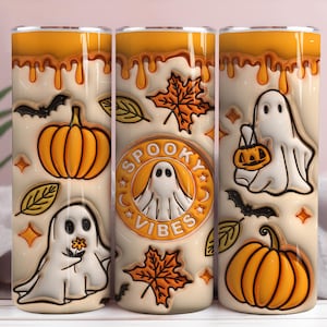 3D Spooky Pumpkin Tumbler Wrap PNG: Ghost Vibes, 20oz Skinny Tumbler (Digital Download)