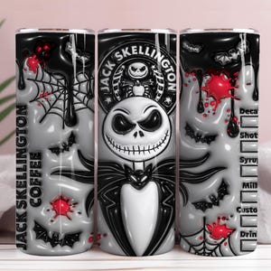 May include: A cylindrical tumbler featuring a design inspired by Jack Skellington. The tumbler has a black and white color scheme with accents of red. The design includes bats, spiderwebs, and the text "Jack Skellington Coffee".