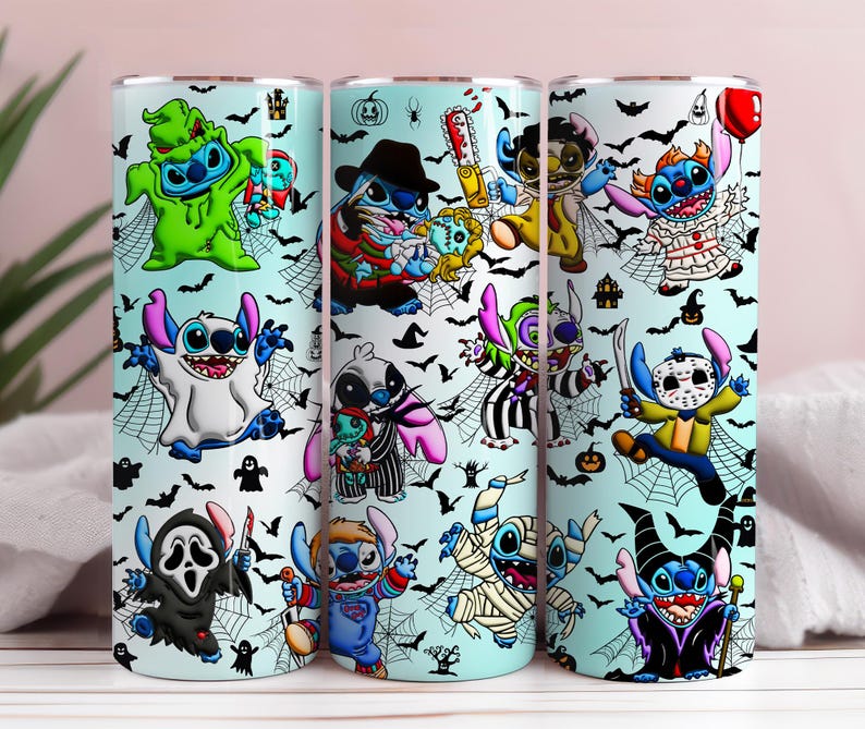 May include: Three stainless steel tumblers with a light blue background, featuring cartoon characters dressed as Halloween villains. The designs include Stitch as various characters, surrounded by bats, spiderwebs, and other spooky elements.