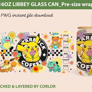 Cartoon Poke Tumbler PNG, 16 Unze Libbey Glasdose, Dosenglasverpackung, Anime Cartoon Sublimation, digitaler Spielbecher, Kinderfilmbecher