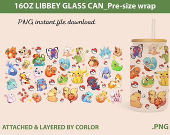 Cartoon Spring Can Glass, Gotta catch ‘em all Can Glass, Poke Glass Can Wrap, Poke Libbey Can Glass 16oz, 20oz Skinny Tumbler 16oz