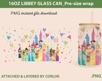Princess Cartoon 16oz Can Glass Wrap Sublimation Design (Digital Download)