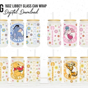 May include: Set of 10 printable 16oz Libbey glass can wraps featuring various cartoon characters, including Winnie the Pooh, Tigger, and Eeyore. The wraps are designed with a white background and colourful floral patterns.