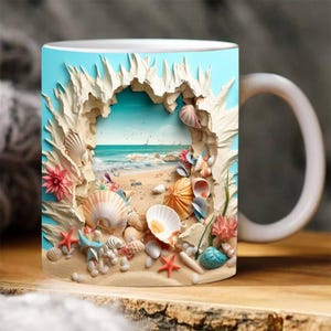3D-gaatje in een muur Strandlandschap mok wrap ontwerp, 3D-strandmok, 3D-strand schelpen in mokontwerp, 3D-mok, 11oz, 15oz moksublimatie png