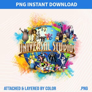 May include: A digital PNG download featuring a colorful design with the text "UNIVERSAL STUDIOS" and various cartoon characters. The image includes characters from "Madagascar", "The Simpsons", "Batman", "Minions", and more. The text "PNG INSTANT DOWNLOAD" and "ATTACHED & LAYERED BY COLOR" are also present.