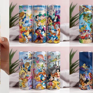 May include: Set of six colourful stainless steel tumblers featuring various Disney characters, including Mickey Mouse, Minnie Mouse, princesses, and villains. The tumblers are decorated with vibrant colours and intricate details.