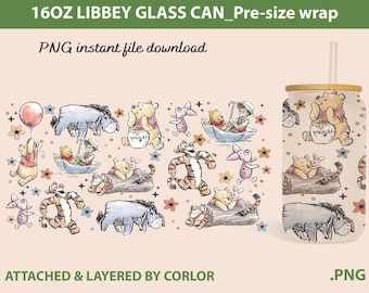 Winnie The Pooh Glass Can Wrap, Cartoon 16oz Glass Can Wrap, Sublimation Glass Can Wrap, Cartoon Glass Can Wrap , Full Glass Can Wrap