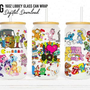 May include: Three 16oz glass can wraps with different designs. The first wrap features characters from the cartoon Scooby Doo, the second wrap features characters from the 80s, and the third wrap features characters from the cartoon Care Bears.
