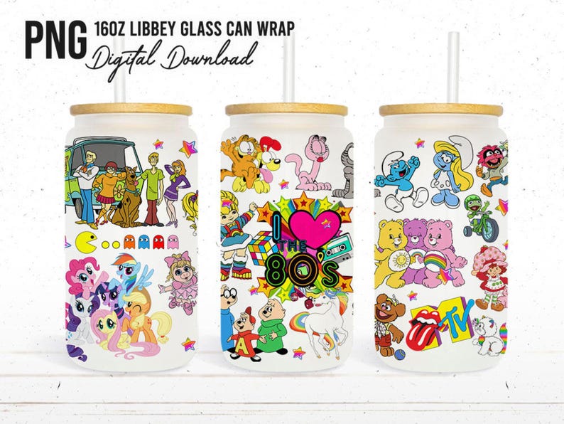 May include: Three 16oz glass can wraps with different designs. The first wrap features characters from the cartoon Scooby Doo, the second wrap features characters from the 80s, and the third wrap features characters from the cartoon Care Bears.