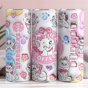 Cartoon 3D Cafecito y Chisme Nadmuchany Tumbler PNG, The Aristocats Tumbler Wrap, Cat Tumbler Wrap, Cute Cat Tumbler Sublimacja Koty Kawa