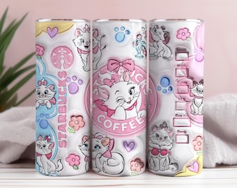 May include: Three white tumblers with a pink and white design featuring the character Marie from the Aristocats. The tumblers have a Starbucks logo and the word "Coffee". The design includes hearts, paw prints, and flowers.