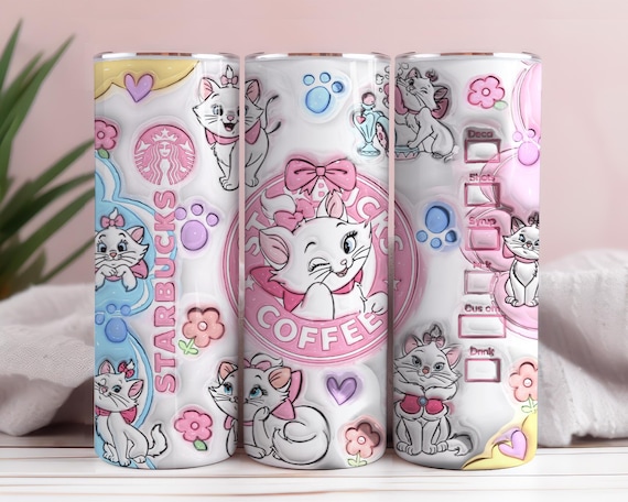 Cartoon 3D Cafecito y Chisme Inflated Tumbler PNG, The Aristocats Tumbler Wrap, Cat Tumbler Wrap, Cute Cat Tumbler Sublimation Cats Coffee