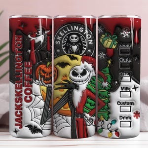 May include: A stainless steel tumbler featuring a Halloween and Christmas theme. The design includes Jack Skellington, a pumpkin, a Christmas tree, and the text "Jacks Skellington Coffee". The tumbler has a black and red color scheme.