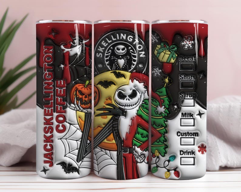 May include: A stainless steel tumbler featuring a Halloween and Christmas theme. The design includes Jack Skellington, a pumpkin, a Christmas tree, and the text "Jacks Skellington Coffee". The tumbler has a black and red color scheme.