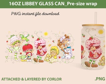 Strawberry Glass Can Png, Cartoon 80s Can Glass, 80s cartoons png, rainbow girl Libbey Glass Can 16oz, Retro 80s cartoons Tumbler Wrap