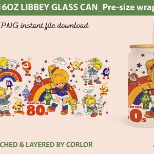 Vintage Cartoon 80s Glass Can, rainbow girl floral Libbey Glass Can 16oz, rainbow brite Glass Can Png, Retro 80s cartoons wrap