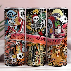May include: Three stainless steel tumblers feature a colorful design inspired by "The Nightmare Before Christmas." The design includes characters like Jack Skellington and Sally, with text that reads "Before Christmas" and "Nightmare." The tumblers have a black background.