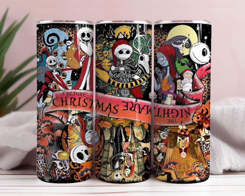 May include: Three stainless steel tumblers feature a colorful design inspired by "The Nightmare Before Christmas." The design includes characters like Jack Skellington and Sally, with text that reads "Before Christmas" and "Nightmare." The tumblers have a black background.