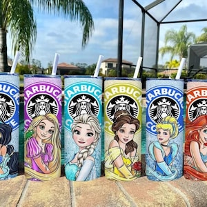 Bundel stripfiguren glitter 20 oz beker wrap, prinses 20 oz skinny straight, sneeuwwitje beker, Assepoester koffiebeker