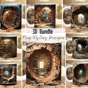 3D Bookshelf Mug Wrap Bundle: Book Lover Coffee Mug (PNG Digital Download)
