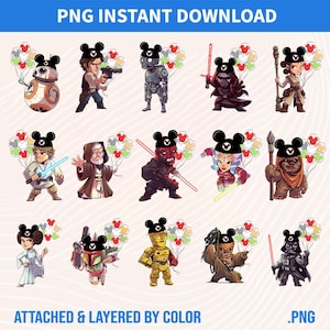 Op de afbeelding: Digitale download met Star Wars-personages, elk met een Mickey Mouse-orenhoed en ballonnen. Personages zijn onder meer BB-8, Han Solo, Darth Vader en anderen. Tekst bovenaan luidt "PNG INSTANT DOWNLOAD" en onderaan "ATTACHED & LAYERED BY COLOR .PNG".