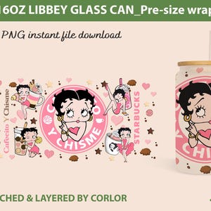 Cafecito Y Chrisme Coffee Tumbler PNG, 80s cartoons png, Betty Libbey Glass Can Wrap, Betty glass can Png, Retro 80s cartoons tumbler wrap