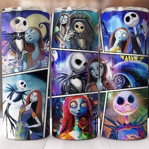 Puede incluir: Tres vasos de acero inoxidable con un dise&ntilde;o de c&oacute;mic que presenta personajes de Pesadilla antes de Navidad. La obra de arte incluye a Jack Skellington, Sally y otros personajes en un estilo de dibujos animados colorido.