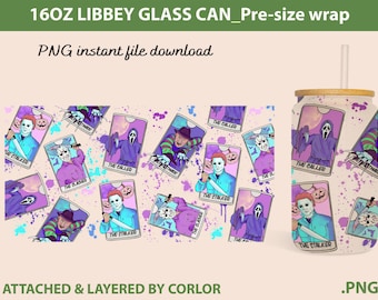 Horror Movie Characters Glass Wrap PNG: 16oz Libbey Can Template (Digital Download)