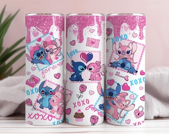 Stitch Valentine Tumbler Wrap, Pink Cartoon Design (PNG Download)