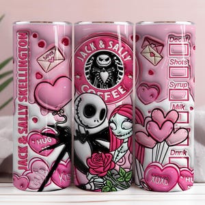 May include: A pink tumbler featuring Jack and Sally from The Nightmare Before Christmas. The design includes hearts, the words "Jack & Sally Skellington", and a coffee shop logo. The tumbler has a Valentine's Day theme.