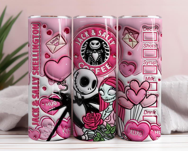 May include: A pink tumbler featuring Jack and Sally from The Nightmare Before Christmas. The design includes hearts, the words "Jack & Sally Skellington", and a coffee shop logo. The tumbler has a Valentine's Day theme.
