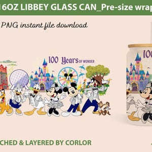 Ontwerp glas 100e verjaardag magisch kasteel, glas magisch Libbey-blikje, glasfolie Mickey and Friends blikje