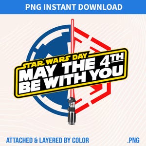 Puede incluir: Gráfico digital para el Día de Star Wars. El diseño presenta un sable de luz rojo, un emblema circular azul y blanco y una forma geométrica roja y blanca. El texto incluye "Star Wars Day", "May the 4th" y "Be With You".