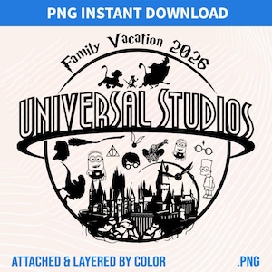May include: A black and white Universal Studios design with the text "Family Vacation 2026". The design features silhouettes of characters and icons from various movies and attractions, including Harry Potter and The Simpsons.