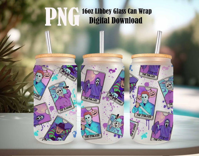 Horror Movie Characters Glass Wrap PNG: 16oz Libbey Can Template ...