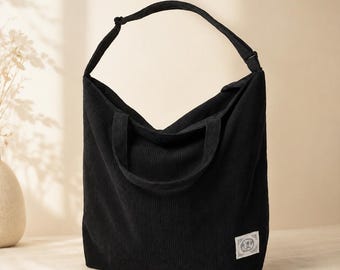 PALMLEY Corduroy Tote Bag with Zip Shoulder Bag Women's Hobos Handbags Large Bag Black