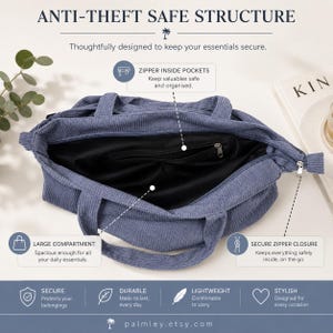 May include: A blue corduroy tote bag with a large compartment and zipper closure. The bag has a secure, anti-theft structure with inside zipper pockets. The text on the image says "ANTI-THEFT SAFE STRUCTURE" and "palmley.etsy.com".
