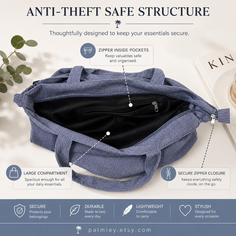 May include: A blue corduroy tote bag with a large compartment and zipper closure. The bag has a secure, anti-theft structure with inside zipper pockets. The text on the image says "ANTI-THEFT SAFE STRUCTURE" and "palmley.etsy.com".
